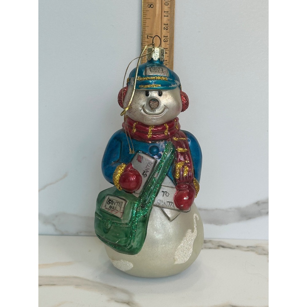Vintage Glass Snowman Mailman Christmas Ornament Blue Postal Uniform Santa Mail